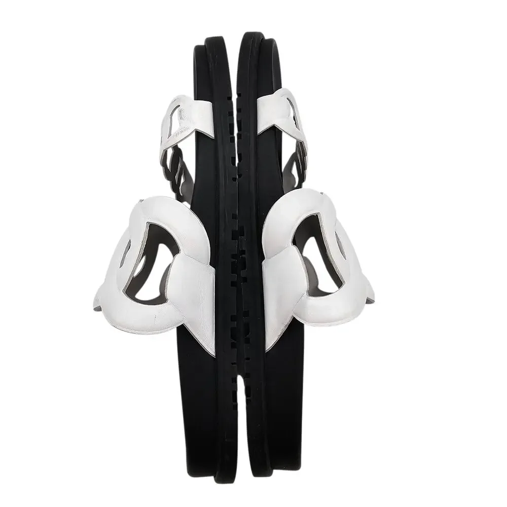 Hermes Extra Sandal Flat Slide Double Strap Black White Leather Size 38 US 8
